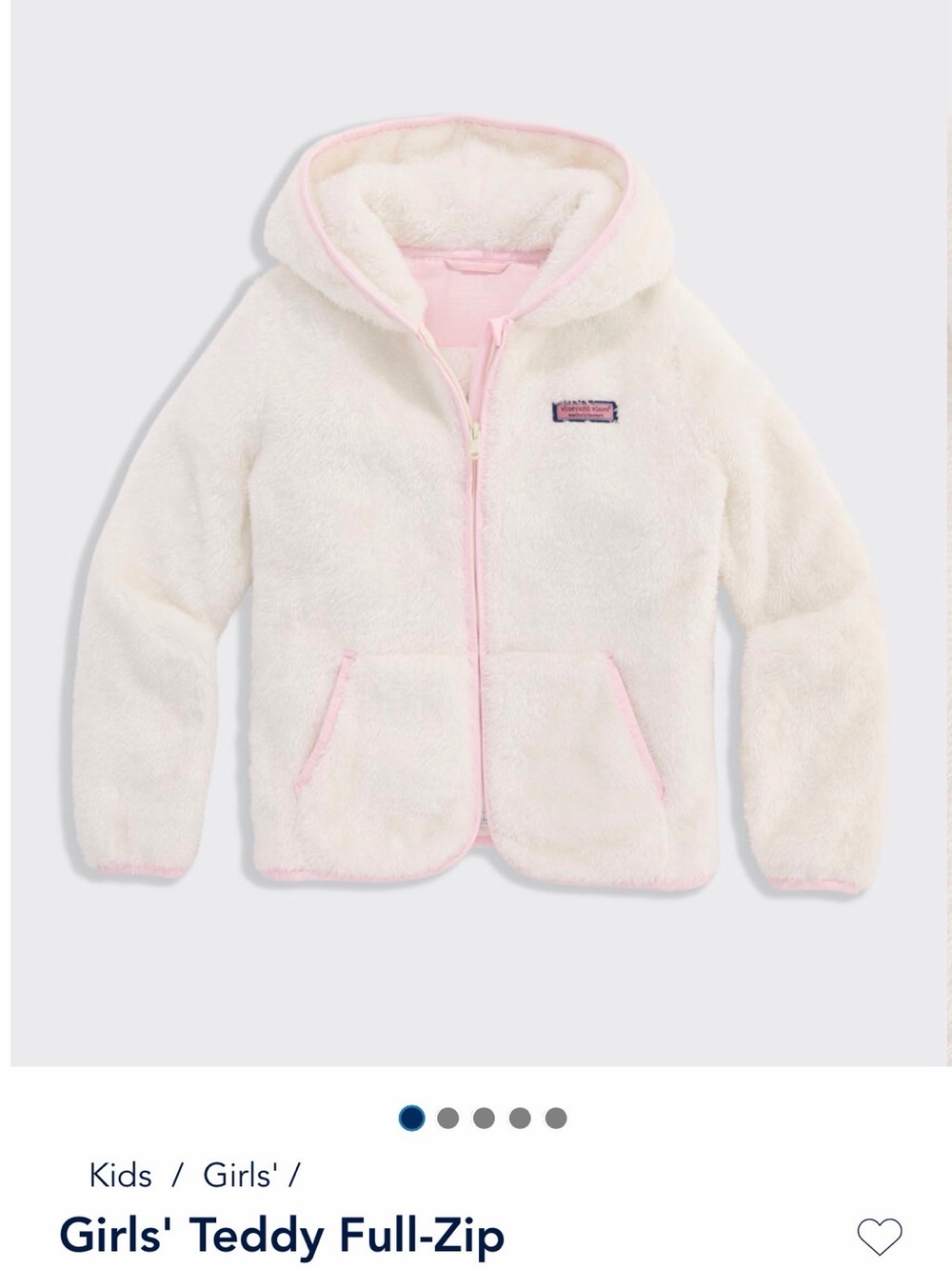 NWT Vineyard Vines Girls' Teddy Full-Zip Hooded Jacket - Cream with Pink Trim